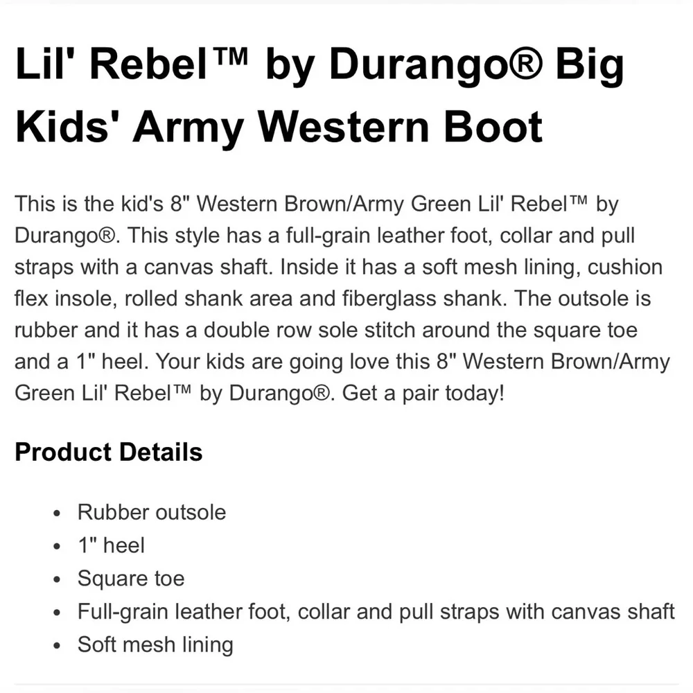 Lil' Rebel™ by Durango® Big Kids' Army Western Boot | Size 5.5 - Picture 11 of 12